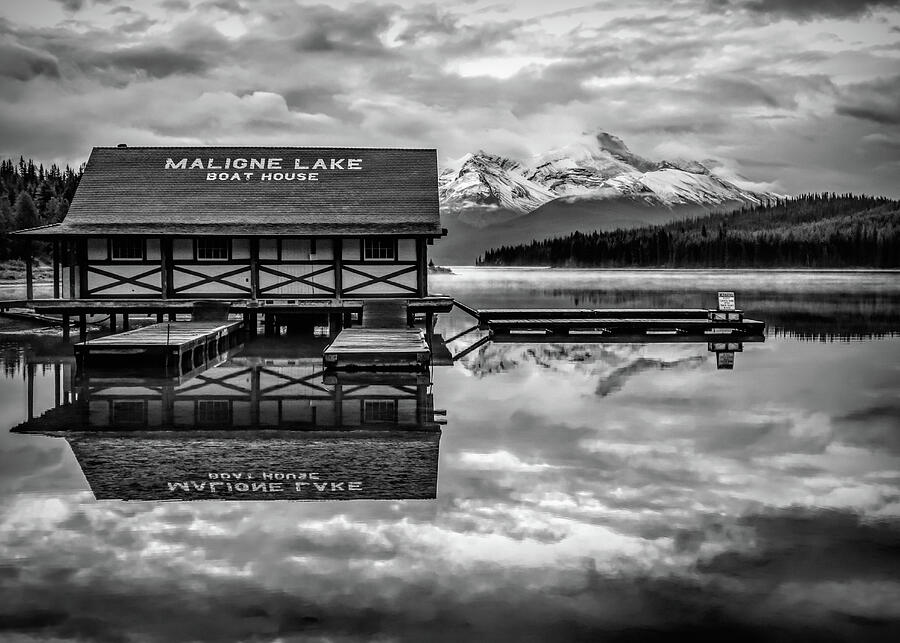 Monochrome Maligne Lake Boathouse black and white fine art photography by Dan Sproul